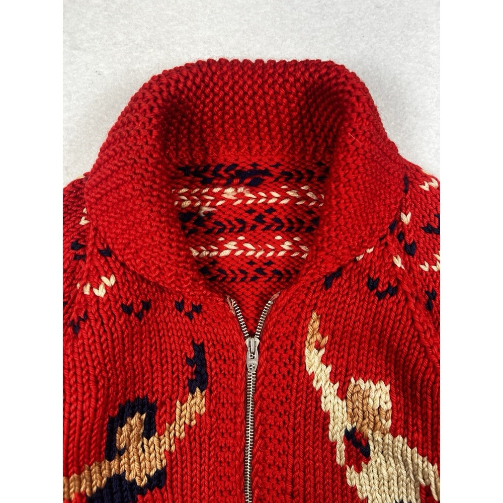 Vintage Mary Maxim Cowichan Figure Skating, Wool, Hand Knit Red Zip Up Sweater - Picture 3 of 16